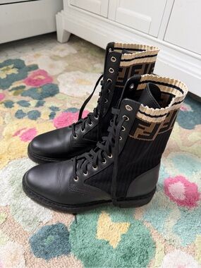 Fendi Black Lace-Up Combat Boots with Beige Logo Cuff